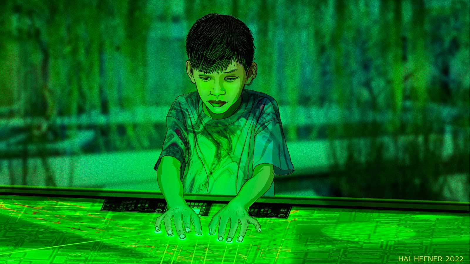 Image shows a boy in a tshirt, standing over an electronic desk with his hands on the table and green vines in the background.