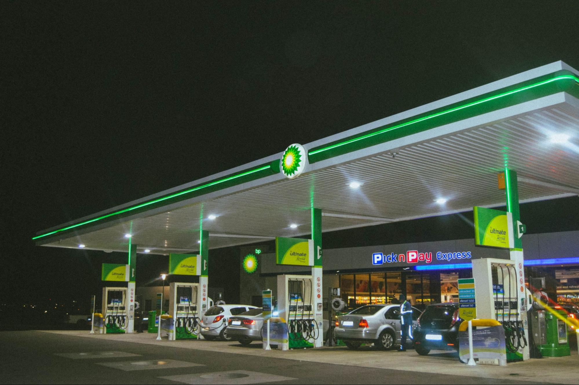 Image of a BP Petrol forecourt at night.